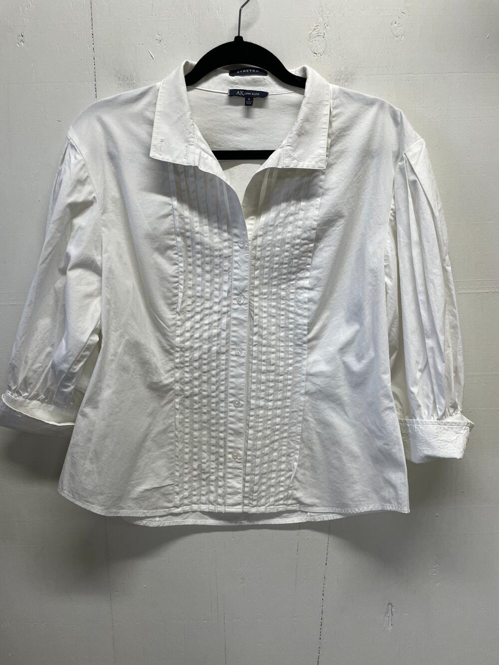 Anne Klein Women's Pintuck Tuxedo-Style Poplin Blouse Size 8 3/4 Puffy Sleeves